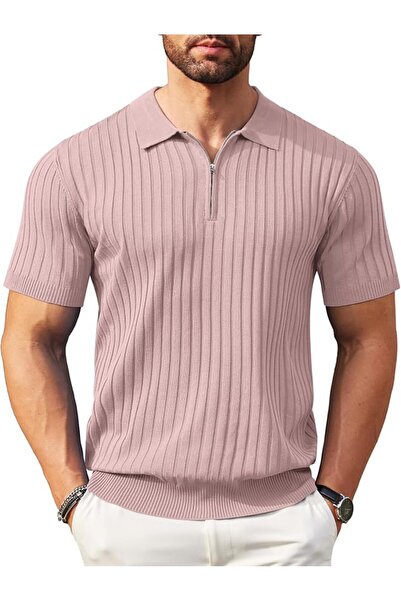 GENERAL Knitted Polo Collar T-Shirt Short Sleeve Zipper Casual Style Men's Go...