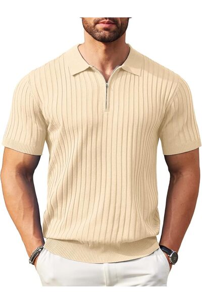 GENERAL Knitted Polo Collar T-Shirt Short Sleeve Zipper Casual Style Men's Go...