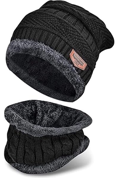 Generic Winter Knit Beanie Hat and Scarf Set with Fleece Lining, Black, Cable...