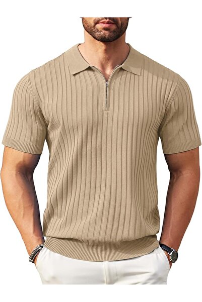 GENERAL Knitted Polo Collar T-Shirt Short Sleeve Zipper Casual Style Men's Go...