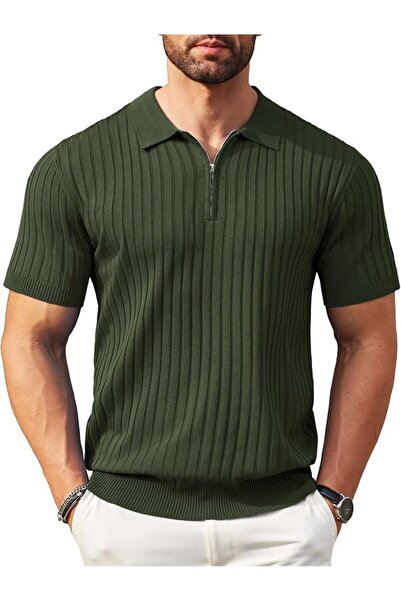 GENERAL Knitted Polo Collar T-Shirt Short Sleeve Zipper Casual Style Men's Go...