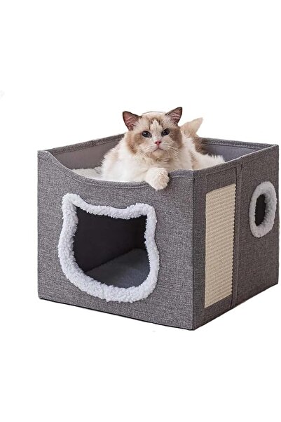GENERAL Indoor Cat Bed, Large Cat Cave with Scratching Pad, Foldable Cat Scra...