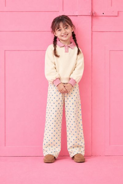 Le Touche Girl's Polka Dot Wide Leg Gabardine Trousers 100% Cotton Elastic Waist
