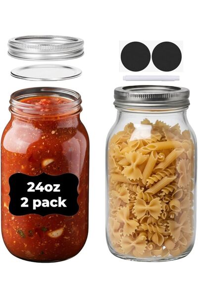 Home Zone 6 Pack Regular Mouth Glass Mason Jars 24oz with Split Airtight Lids...