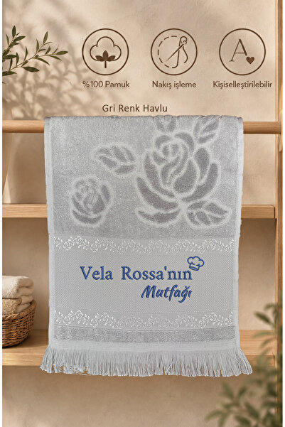 Home Kişiye Özel İsim Nakış İşlemeli El Yüz Banyo Havlu 30x50 cm Gri Renk Mut...