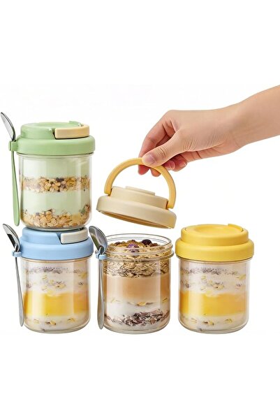 GENERAL Glass Overnight Oats Jars with Spoon – Set of 4 Airtight Food Contain...