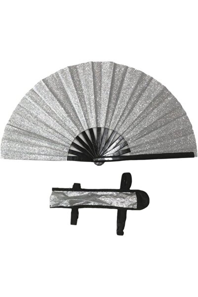 Yelajoy Glitter Handheld Folding Fan,Silver Large Rave Clack Fan