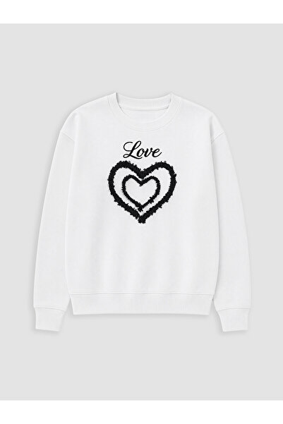 LC Waikiki Alita City White Embroidered Girls' Sweatshirt with a Difference