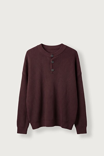 ablukaonline Men's Oversize Henley Collar Knit Sweater Claret Red