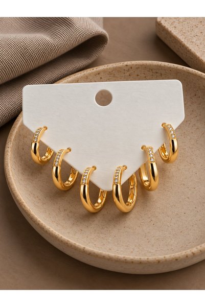 serelya Gold Color Zircon Stone Brass Thin Square Hoop Model Women's Earring Set