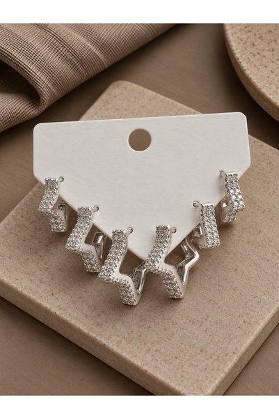 serelya Silver Color Zircon Stone Brass Thick Star Model Women's Earring Set