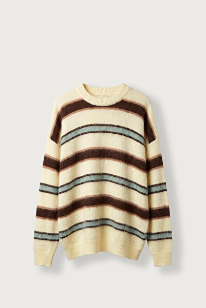 ablukaonline Men's Relax Fit Multi-Color Block Striped Knitwear Sweater Yellow