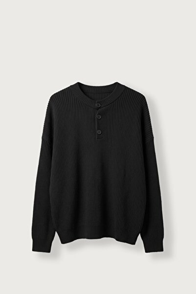 ablukaonline Men's Oversize Henley Collar Knit Sweater Black