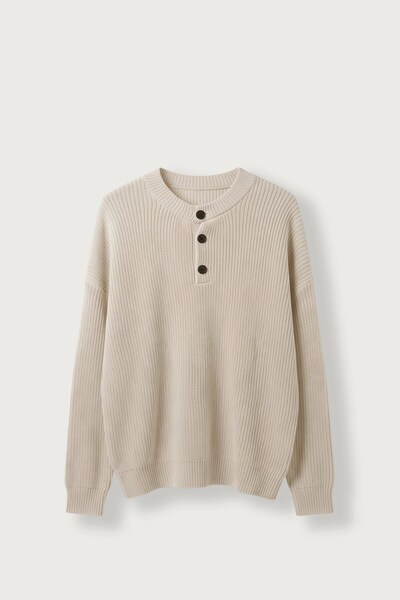 ablukaonline Men's Oversize Henley Collar Knit Sweater Beige