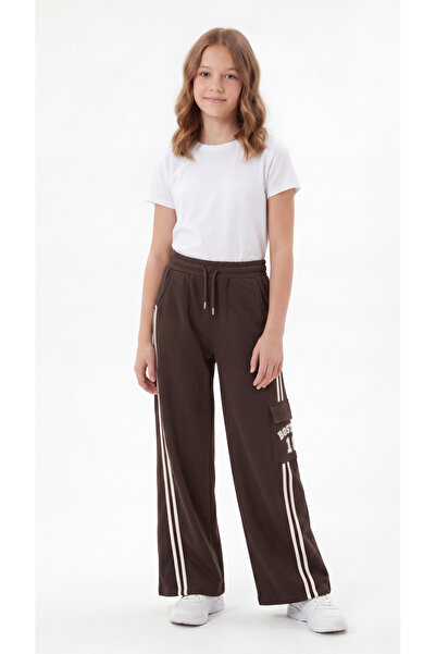 Mışıl Kids Palazo Long-Cut Cargo Pants with Pockets and Striped Sides, Printe...