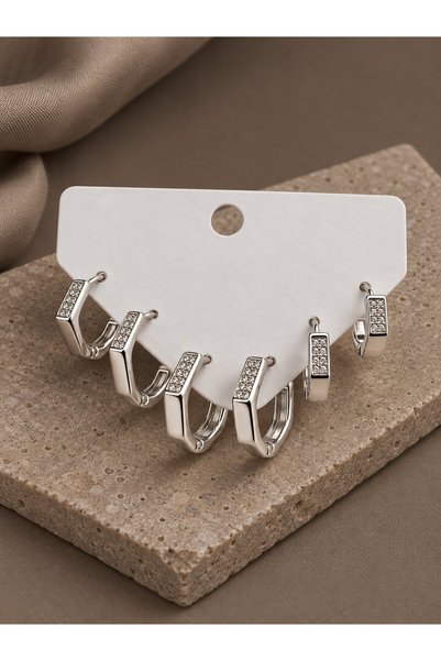 serelya Honeycomb Model Silver Color Zircon Stone Brass Women's Earring Set