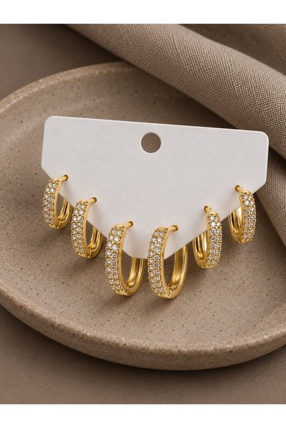 serelya Gold Color Zircon Stone Brass Oval Square Model Women's Earring Set