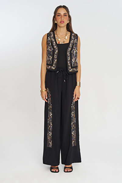 Orfeo Negro Women's Stylish Vest with Sequin and Bead Embroidery on the Front and Back