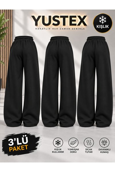 yx yustex sport 3-Piece Black Winter Sweatpants Set - Multi Set - Wide Leg Oversize Fit with Side Pockets and Inner Lining