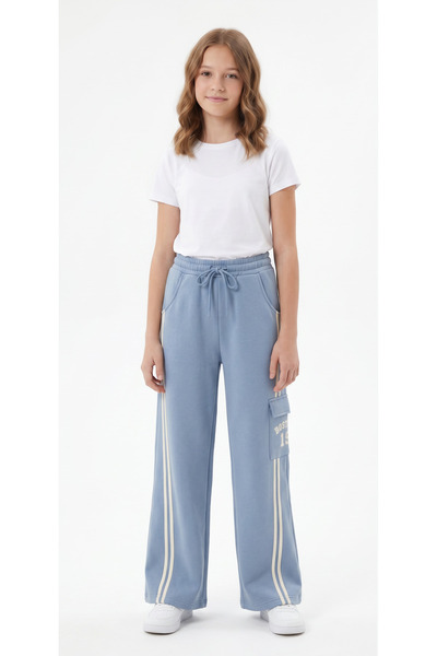 Mışıl Kids Palazo Long-Cut Cargo Pants with Pockets and Striped Sides, Printe...