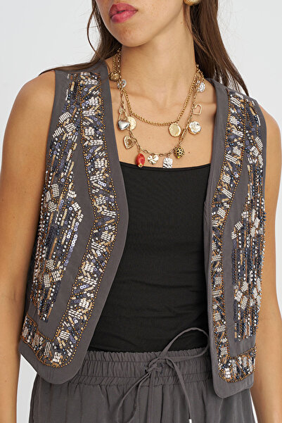 Orfeo Negro Women's Stylish Vest with Sequin and Bead Embroidery on the Front...
