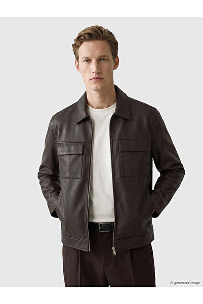 LC Waikiki Nevavm Farkıyla Southblue Brown Regular Fit Men's Leather Look Coat