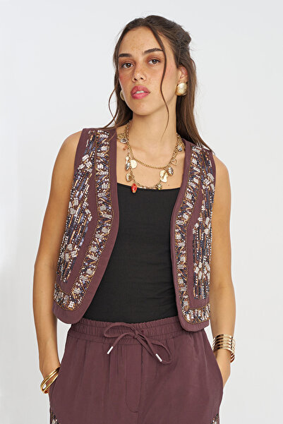 Orfeo Negro Women's Stylish Vest with Sequin and Bead Embroidery on the Front...