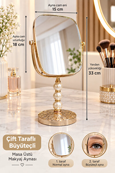 KARAKAŞ HOME & ZÜCCACİYE İNCİ DETAYLI ÇİFT TARAFLI MASA ÜSTÜ MAKYAJ AYNASI