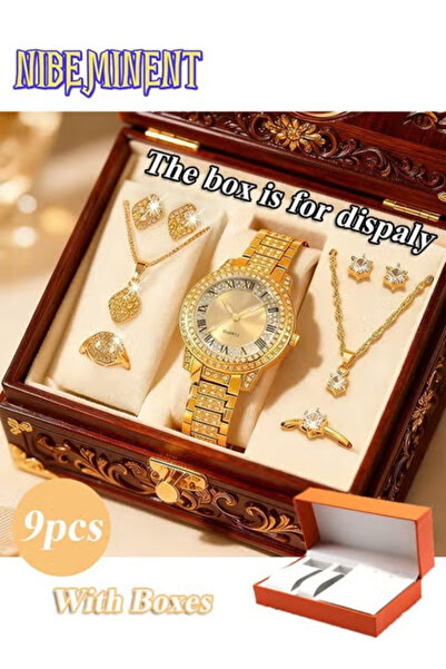NIBEMINENT 9pcs Set Women's Fashion Elegant Quartz Jewelry Watch + 2 Sets of New Shiny Necklaces, Rings, and Earrings. Suitable for Valentine's Day, Easter, Halloween, Ramadan, Birthdays, Christmas, New Year, Da