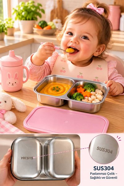 GUGGA Mimo 650ml SUS304 Paslanmaz Çelik Saklama & Öğün Kabı Bölmeli Pembe