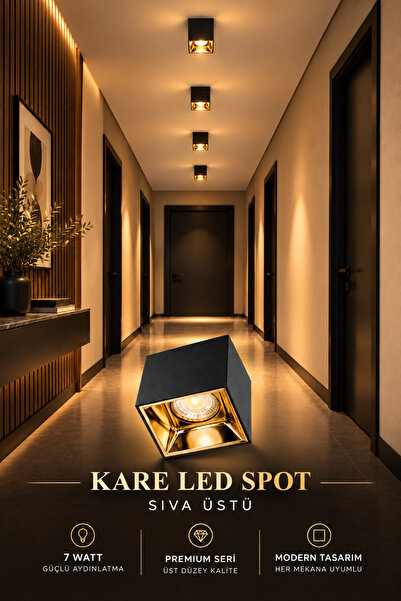 Dila’s home 7 Watt | Kare Spot | 3200K Sarı Işık Siyah Kasa Gold Çerçeve | Sı...