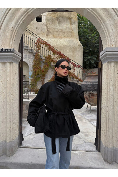 kırmızı butiks Black Loren Belted Suede Jacket