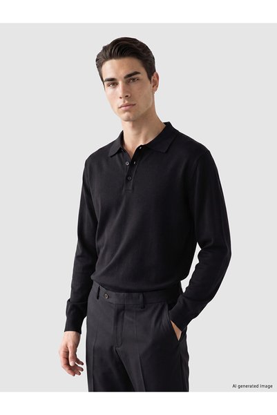 LC Waikiki Ozmarka New Season Black Polo Collar Men's Knitwear Sweater