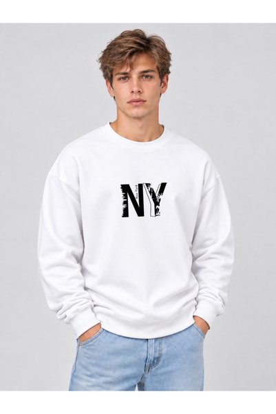 FUFLUNS Palm Tree Patterned Ny Printed Oversized Men's Crewneck Sweatshirt