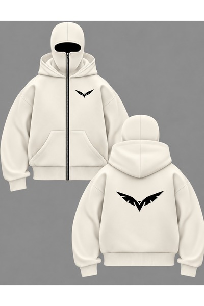 HAI COLLECTİON Ekru Oversize Kapüşonlu Sweatshirt Pamuklu Baskılı Unisex