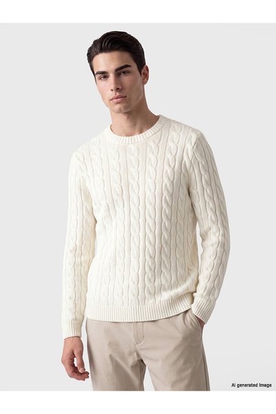 LC Waikiki Peak New Season Ecru Crew Neck Patterned Men's Knitwear Sweater
