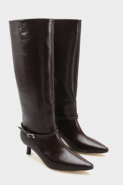 MODAADAM Women's Marci Short Heeled Buckle Boots - Brown-Patent Leather