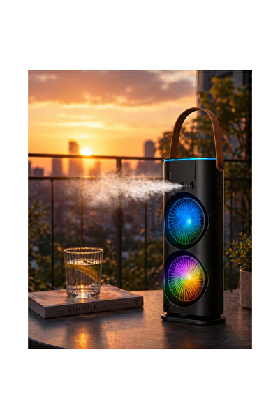 Atlasnua® Şarjlı Buharlı Serinletici Fan Rgb Işıklı Çift Pervaneli Masa Fanı
