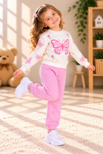SERPİL Kız Çocuk Kelebek Desenli Sweatshirt Eşofman Takımı – Çiçek Desenli 2’...