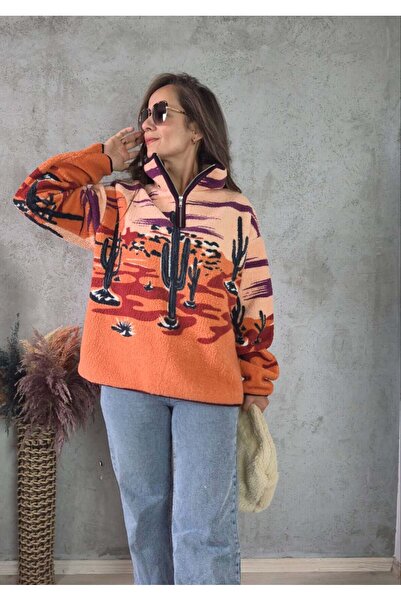 Turuncu Yarım Fermuarlı Çöl Desenli Oversize Peluş Sweatshirt