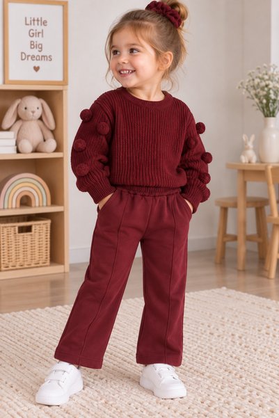 SANTRALBEBE Girl's Knitted Sweater Set with Pompoms on the Sleeves