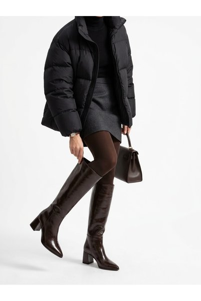 ARTI ARTI AYAKKABI Artı-Artı006-1906 Women's Daily Thick Heeled Brown Wrinkled Patent Leather Boots