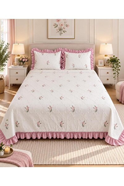 Çeyiz Diyarı Ruffle Pinkrose Κεντητό Σενίλ 3 τεμαχίων Διπλό Κάλυμμα Κρεβατιού...