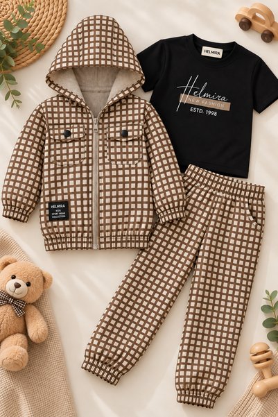 HELMİRA Boy's Hooded Patterned 3-Piece Set - Cardigan, T-Shirt and Trousers