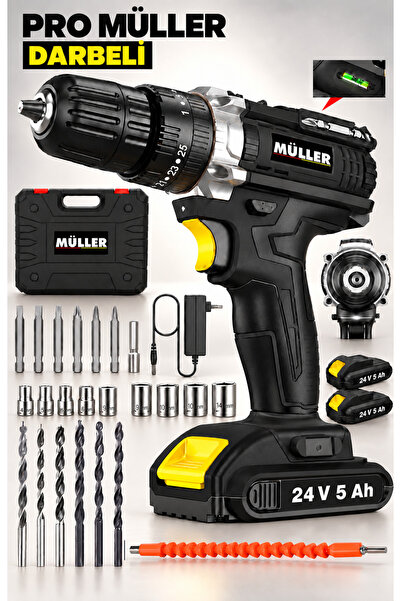 Alman Black Series Darbeli Su Terazili Çelik Şanzuman Bakır Sargılı Çift Akülü Şarjlı Matkap 27 Parça Set
