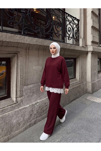 Trend Paris Dantel Detaylı Rahat Kesim İkili Spor Takım Bordo