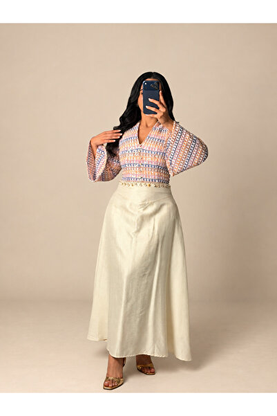 Rose Colorful Bell Sleeve Blouse and Off-White Skirt Set