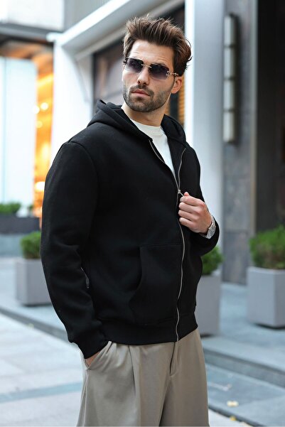 Madmext Black Hooded Men's Sweat Cardigan E7219