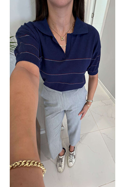 BİRCANÇİL Md Nella Navy Blue Polo Collar Short Sleeve Knitwear
