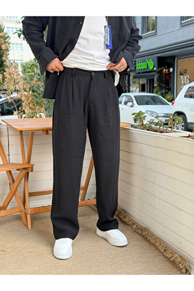 manch collection Giesto Pileli Baggy Modal Kumaş Pantolon siyah